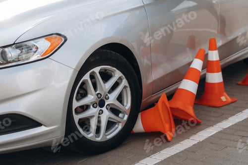 Preview: Car is on the parking lot with orange colored cones, driving school conception