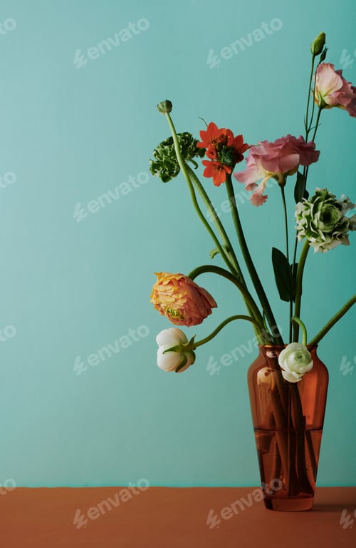 Preview: Vibrant Ranunculus Flowers in Vase on Table
