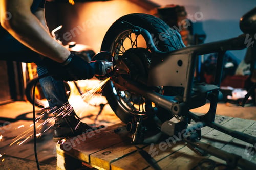 Preview: Motorcycle repair. Disassembled motorcycle. Fixing motorcycle standing in repair shop.