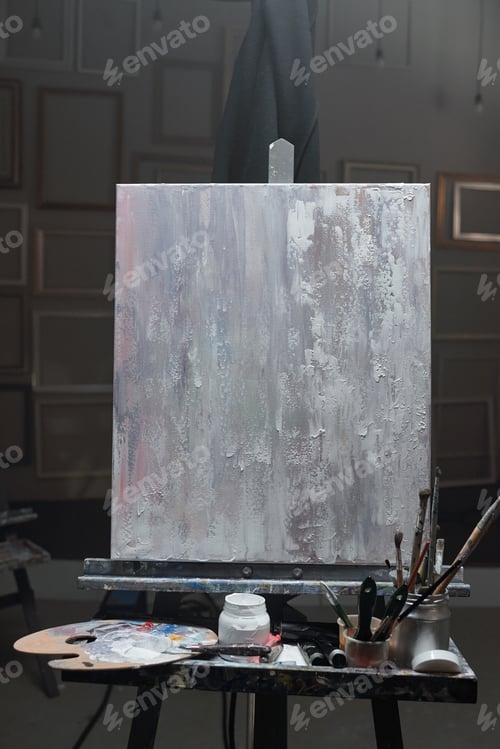 Preview: Easel with unfinished picture and set of stuff for professional painting