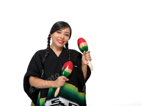 Preview: Mexican woman wearing colorful poncho plays maracas with positive attitude