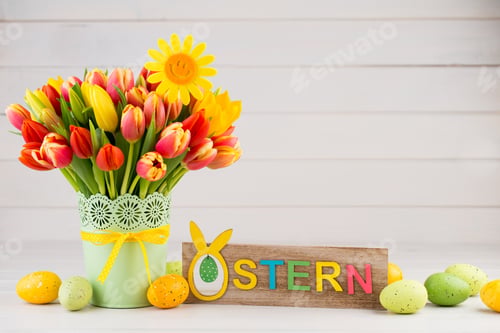 Preview: A colorful spring greetings card with tulips for Easter, Mother's Day.