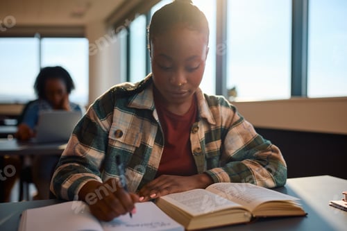 Preview: Young black student learning for her upcoming exams at college classroom.
