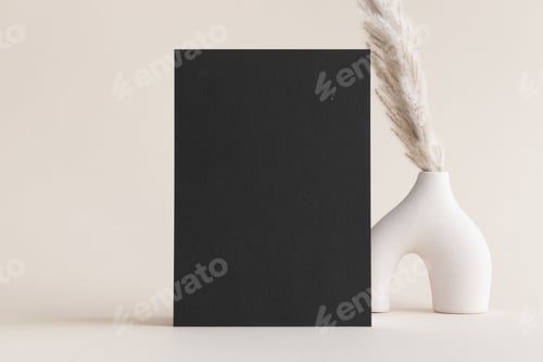 Preview: Black invitation card mockup with a pampas on the yellow background. 5x7 ratio, similar to A6, A5.