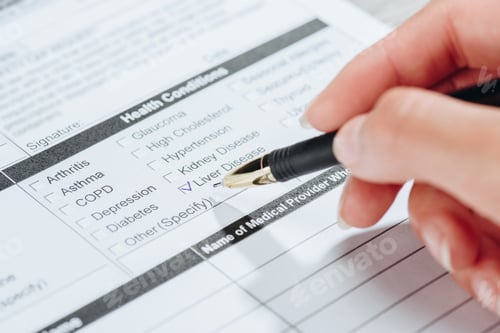 Preview: cropped image of woman marking liver disease in medical questionary, world hepatitis day concept
