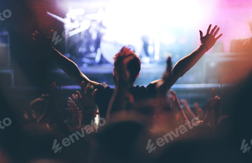 Vista previa: Crowd partying at a music concert, audience with raised arms