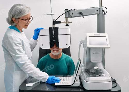 Preview: Optometrist doing vision test for mature patient using modern phoropter at ophthalmology clinic.