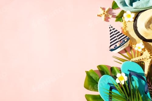 Preview: Summer flat lay background, sea vacation on white.
