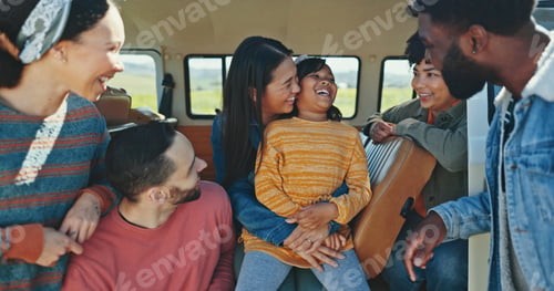 Preview: Happy, road trip and van with friends, family and love for journey and countryside travel. Friends,