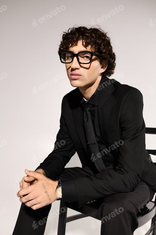 Preview: Stylish young man exudes confidence in fashionable black attire and glasses during a photo shoot