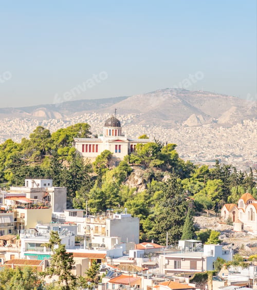 Preview: Sunlit Observatory on a Green Hill Overlooking Athens Cityscape, Greece Panorama and Skyline