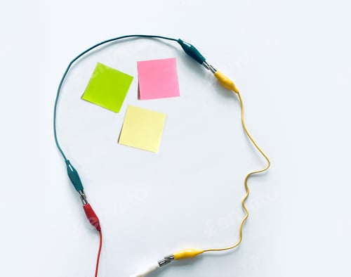 Preview: Mockup friendly sticky notes in different colors in human head silhouette. Thoughts ideas concept
