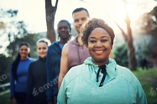 Preview: Cropped shot of a sporty young group of friends working out in the forest