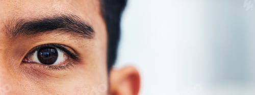 Preview: Half portrait, closeup and eyes of man with mockup for vision, focus and healthcare with test for c