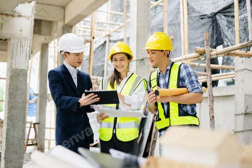 Preview: Contractor and architect looking at plan, tablet, laptop and talking about working on big project.