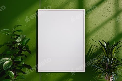Preview: Blank frame on green wall near green plants.