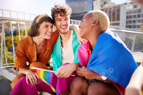 Preview: LGBTQ, celebration and friends with flags in city for a pride parade or event for the community. Di