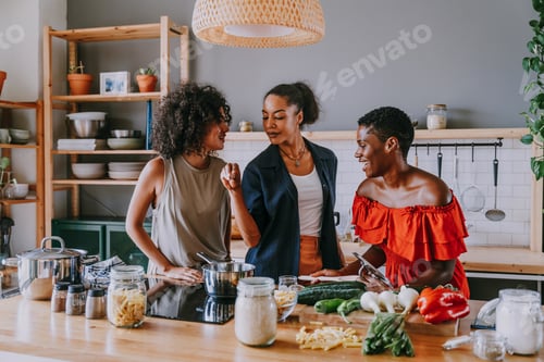Preview: Three mixed race hispanic and black women bonding at home