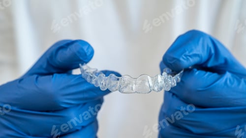 Preview: Caucasian young man showing an invisible silicone aligner for dental correction.