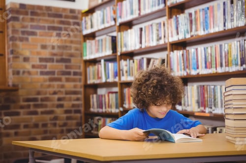 Preview: Curly-haired boy reading book in library, surrounded by shelves of books