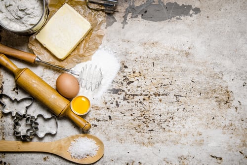 Preview: Preparation of the dough. Ingredients for the dough - flour, eggs, butter and different tools.
