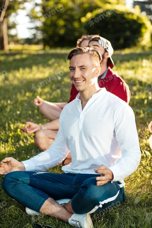 Preview: Group of multiethnic people exercising at park, enjoying yoga session outdoor.
