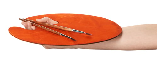 Preview: Artist with empty palette and brushes on white background, closeup