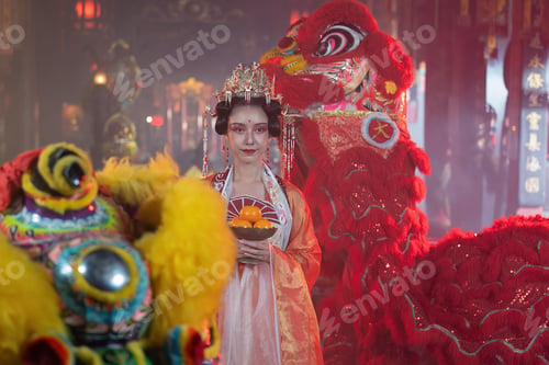 Preview: Girl in Chinese traditional dress in temple translation language is 'lucky and prosperity for all'