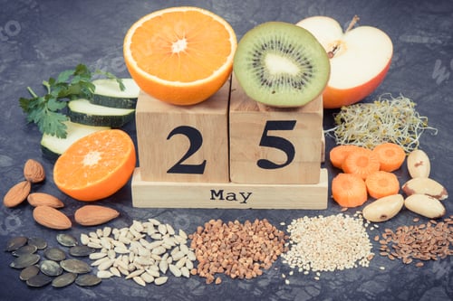 Preview: Nutritious food and May 25 on calendar as date of World Thyroid Day. Problems with thyroid