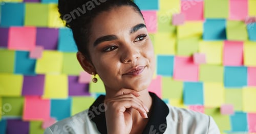 Preview: Woman, thinking and business in office with smile, startup opportunity or career development. Creat