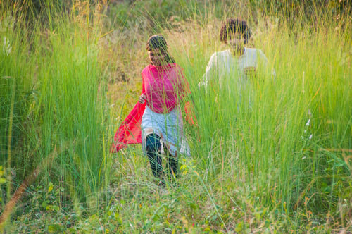 Preview: Brother and sister walking and ruining in meadow, outdoors enjoying nature.
