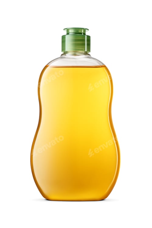 Preview: Yellow dish soap in a clear plastic bottle, isolated on white.