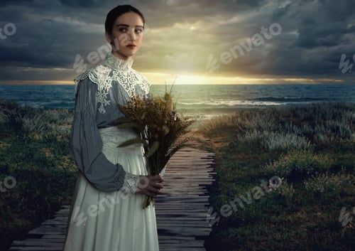 Preview: Young Victorian Girl Holding Dried Flowers In White Dress And Blue Striped Blouse At The Coast At