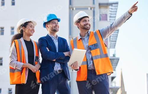 Preview: Engineering people pointing for outdoor planning, teamwork or collaboration at building constructio