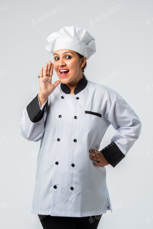 Preview: Asian Indian Female Chef with Thumbs Up - Isolated on White