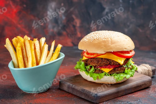Preview: front view tasty meat burger with french fries on dark background sandwich fast-food bun