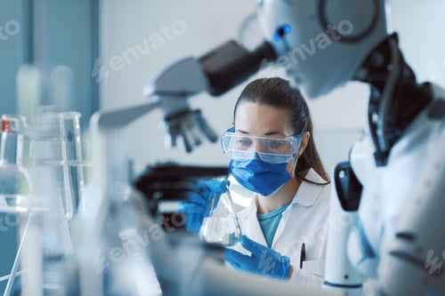 Preview: Scientist and humanoid robot working together in the science lab