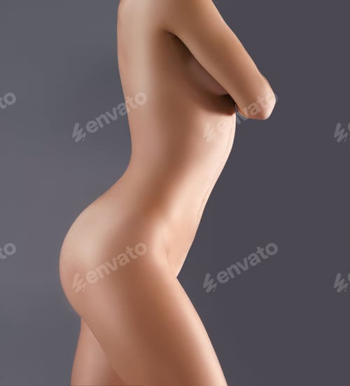 Preview: Studio shot of a beautiful woman posing naked against a gray background