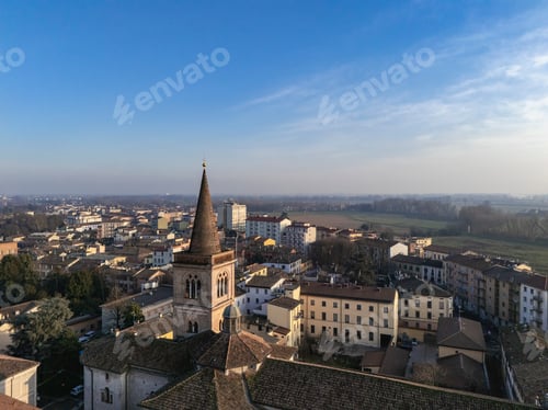 Preview: Cremona cityscape featuring church bell tower and Po Valley in winter, Italy