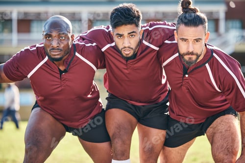 Preview: Portrait, sports and a rugby team training together for a scrum in preparation of a game or competi