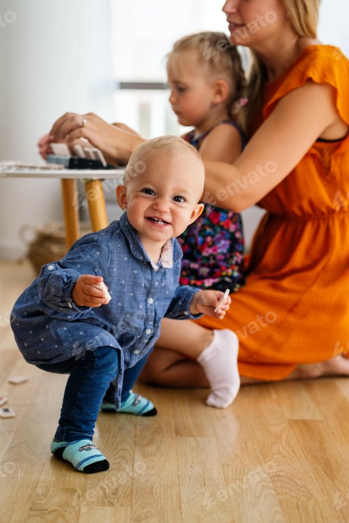 Preview: Happy children and women having fun time and playing together. Family, kindergarten, kids concept