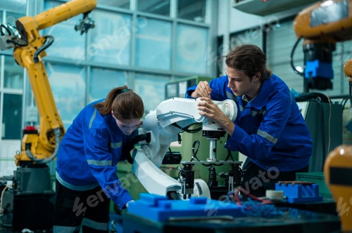 Preview: A group of Robotics engineers working with Programming and Manipulating Robot Hand