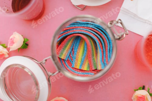 Preview: Flat lay of colorful candy jar