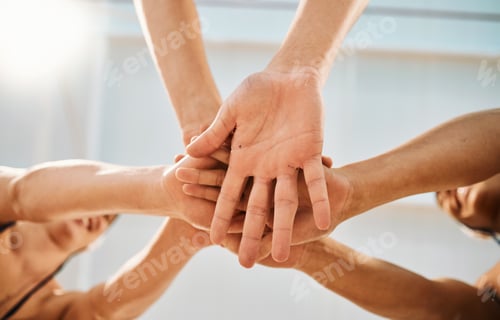 Preview: Hands stacked, sports and group of people for teamwork, collaboration and community fitness, team b