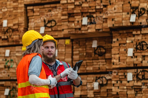 Preview: carpenters checking the quality of wooden products at workshop