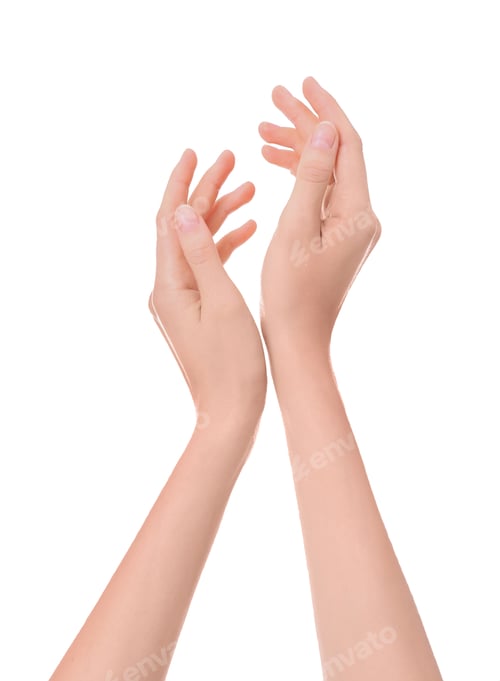 Preview: Young woman with perfect smooth skin and manicure on white background, closeup view of hands