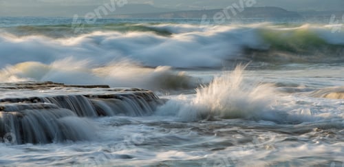 Preview: Rocky seashore with wavy ocean and waves crashing on the rocks