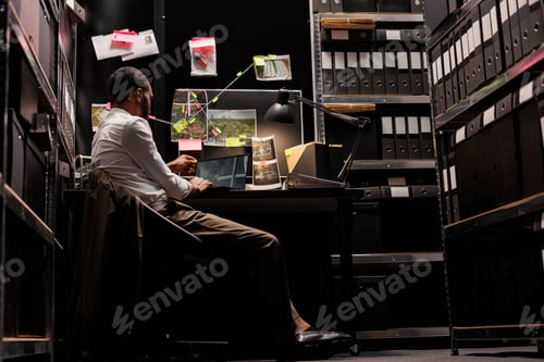 Preview: Detective studying crime scene surveillance photos on laptop screen