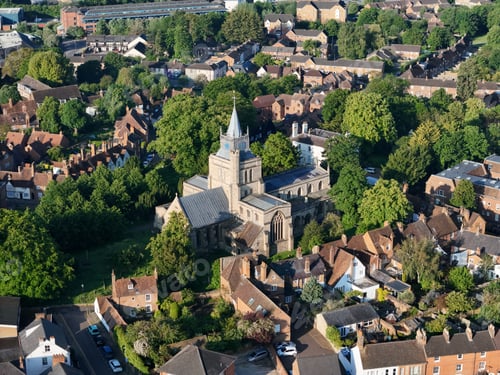 Preview: Aerial view of Aylesbury town center with Saint Mary's church on a sunny summer morning in the UK