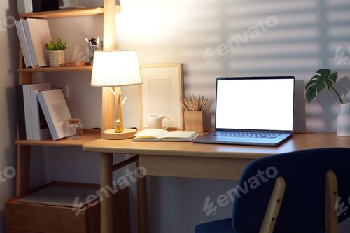 Preview: Cozy Home Office with Laptop, mockup blank screen.